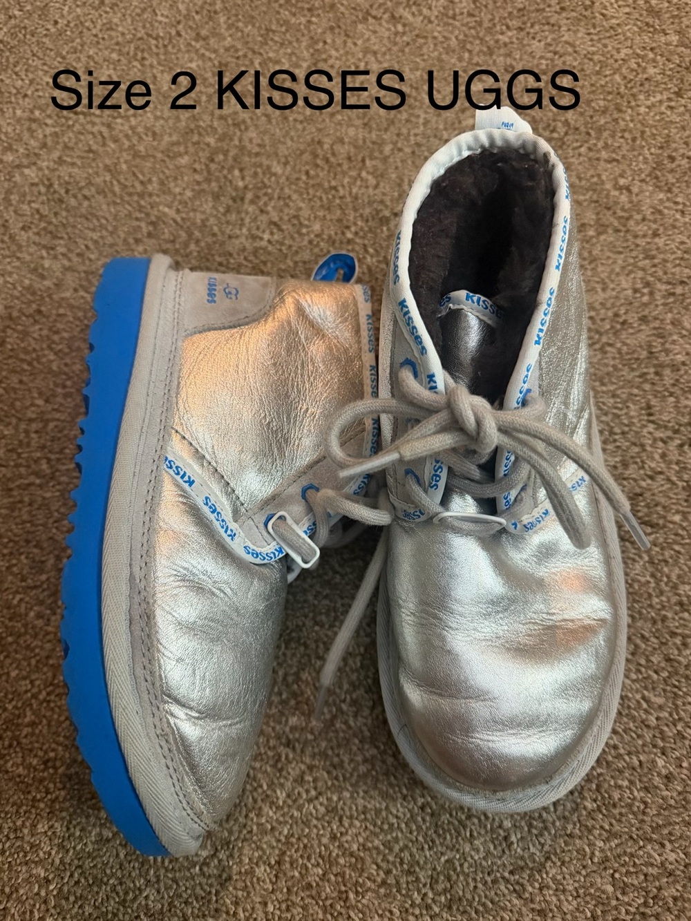 UGG Kisses Kids Silver Metallic Lace-Up Boots with Blue Sole